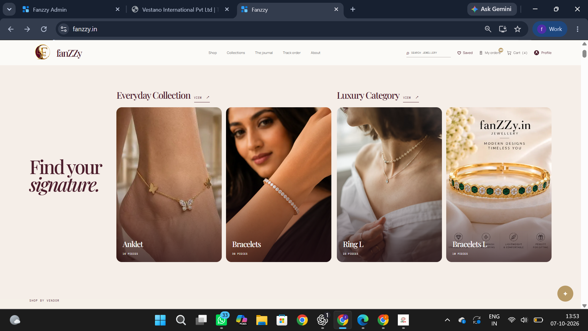 Fanzzy website showing everyday and luxury jewellery collections